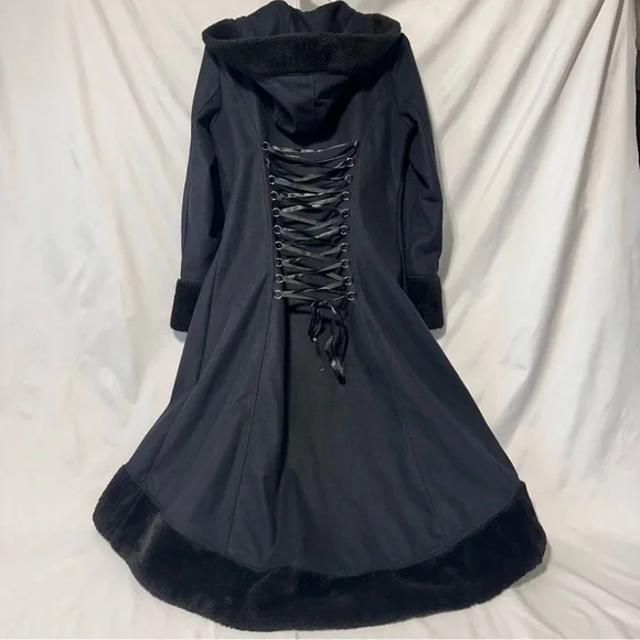 Xian Xian Goth Steampunk Hooded Black Fleece Felt High-Low Coat sz M - Picture 3 of 7